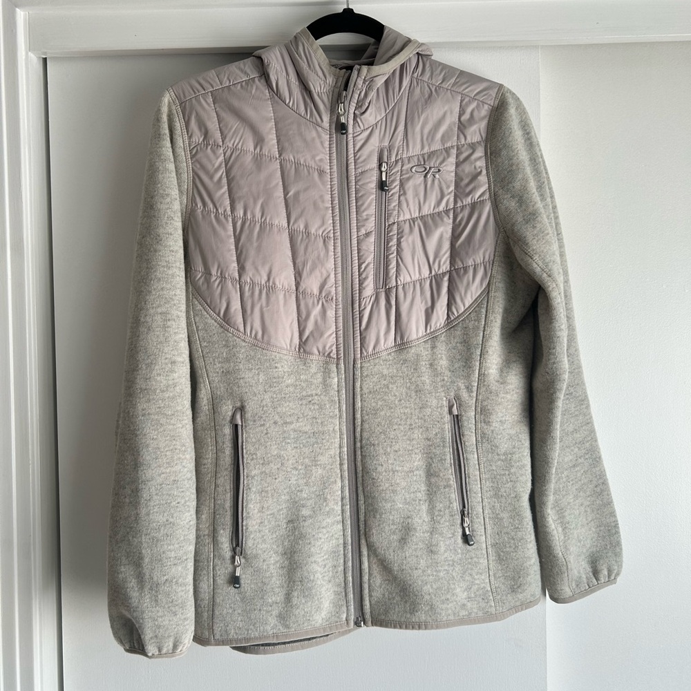 Light gray/silver women’s zip jacket - wool knit and down puffer
